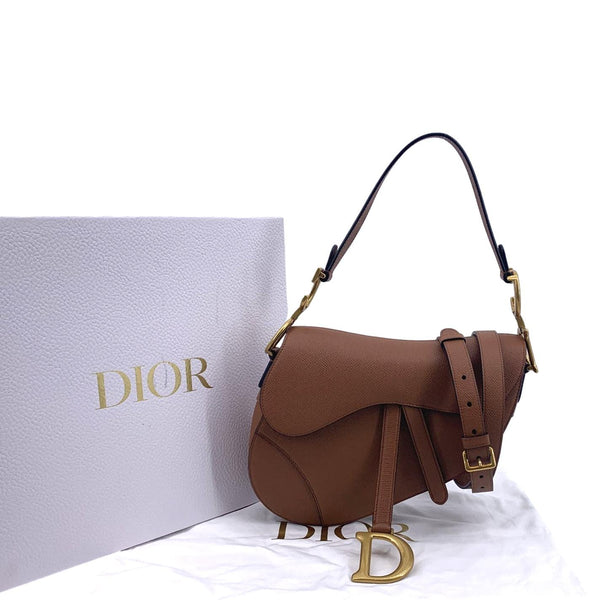 CHRISTIAN DIOR Saddle Grained Calfskin Leather Satchel Bag Cognac