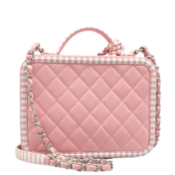 CHANEL Vanity Case Filigree CC Medium Shoulder Bag Pin back side look