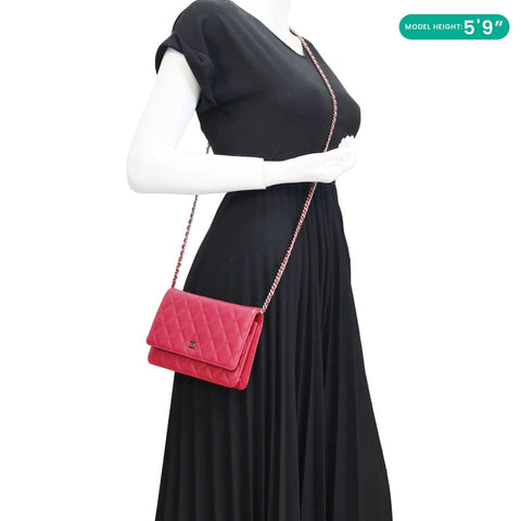 CHANEL Quilted Lambskin Leather Wallet On Chain Bag Dark Pink