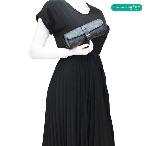 LOUIS VUITTON 3 Watch Case Monogram Eclipse Pouch Black