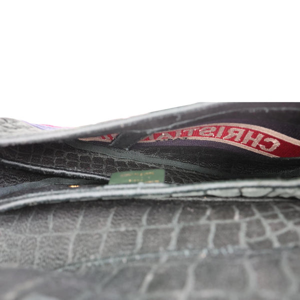 CHRISTIAN DIOR Saddle Crocodile Embossed Velvet Shoulder Bag Dark Green