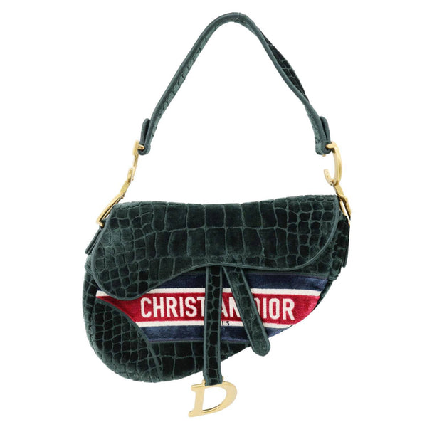 CHRISTIAN DIOR Saddle Crocodile Embossed Velvet Shoulder Bag Dark Green
