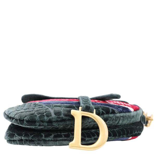 CHRISTIAN DIOR Saddle Crocodile Embossed Velvet Shoulder Bag Dark Green