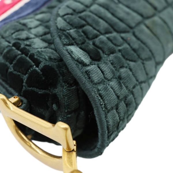 CHRISTIAN DIOR Saddle Crocodile Embossed Velvet Shoulder Bag Dark Green