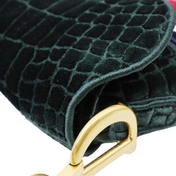 CHRISTIAN DIOR Saddle Crocodile Embossed Velvet Shoulder Bag Dark Green
