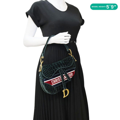 CHRISTIAN DIOR Saddle Crocodile Embossed Velvet Shoulder Bag Dark Green