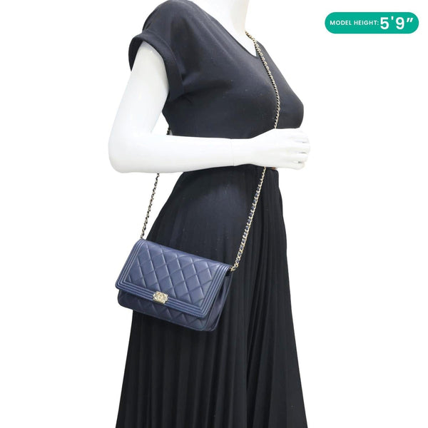 CHANEL Boy Quilted Calfskin Leather Wallet On Chain Crossbody Bag Navy Blue