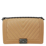 CHANEL Boy Flap Medium Chevron Calfskin Leather Chain Shoulder Bag Beige