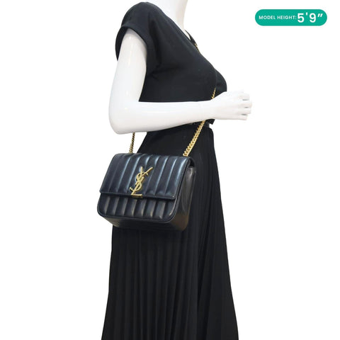 YVES SAINT LAURENT Vicky Medium Vertical Quilted Leather Chain Crossbody Bag Black