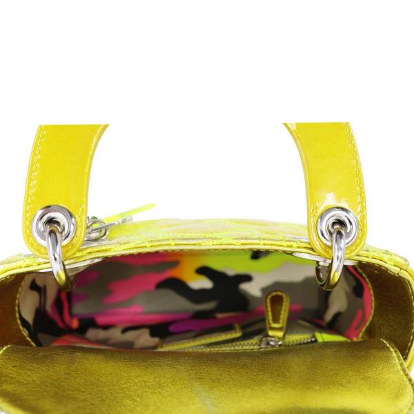 CHRISTIAN DIOR Lady Dior Mini Metallic Leather Shoulder Bag Neon Yellow