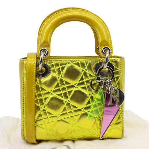 CHRISTIAN DIOR Lady Dior Mini Metallic Leather Shoulder Bag Neon Yellow