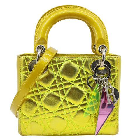 CHRISTIAN DIOR Lady Dior Mini Metallic Leather Shoulder Bag Neon Yellow