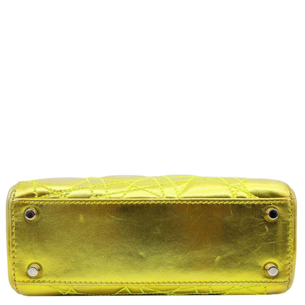CHRISTIAN DIOR Lady Dior Mini Metallic Leather Shoulder Bag Neon Yellow