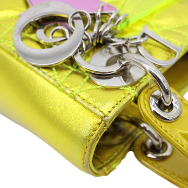 CHRISTIAN DIOR Lady Dior Mini Metallic Leather Shoulder Bag Neon Yellow