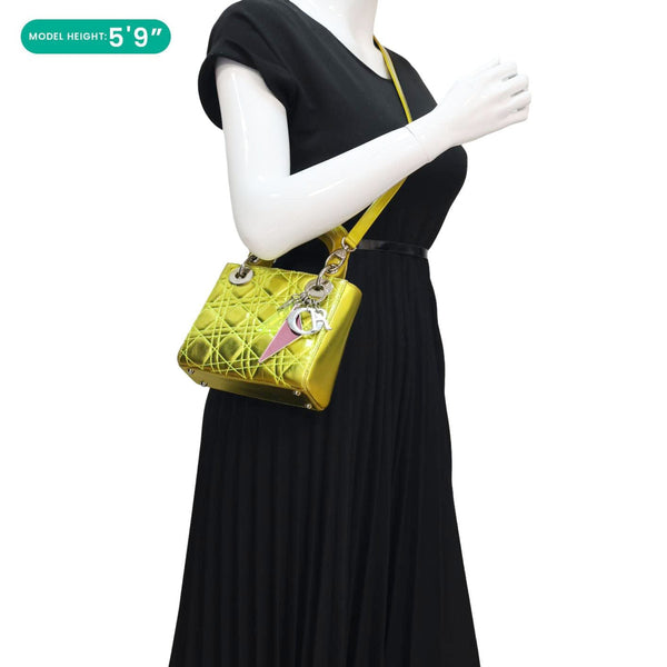 CHRISTIAN DIOR Lady Dior Mini Metallic Leather Shoulder Bag Neon Yellow