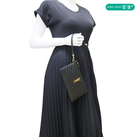 YVES SAINT LAURENT Monogram Grain De Poudre Chevron Leather Zip Pouch Black