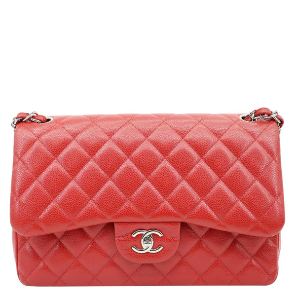 CHANEL Classic Jumbo Double Flap Quilted Caviar Leather Shoulder Bag Red