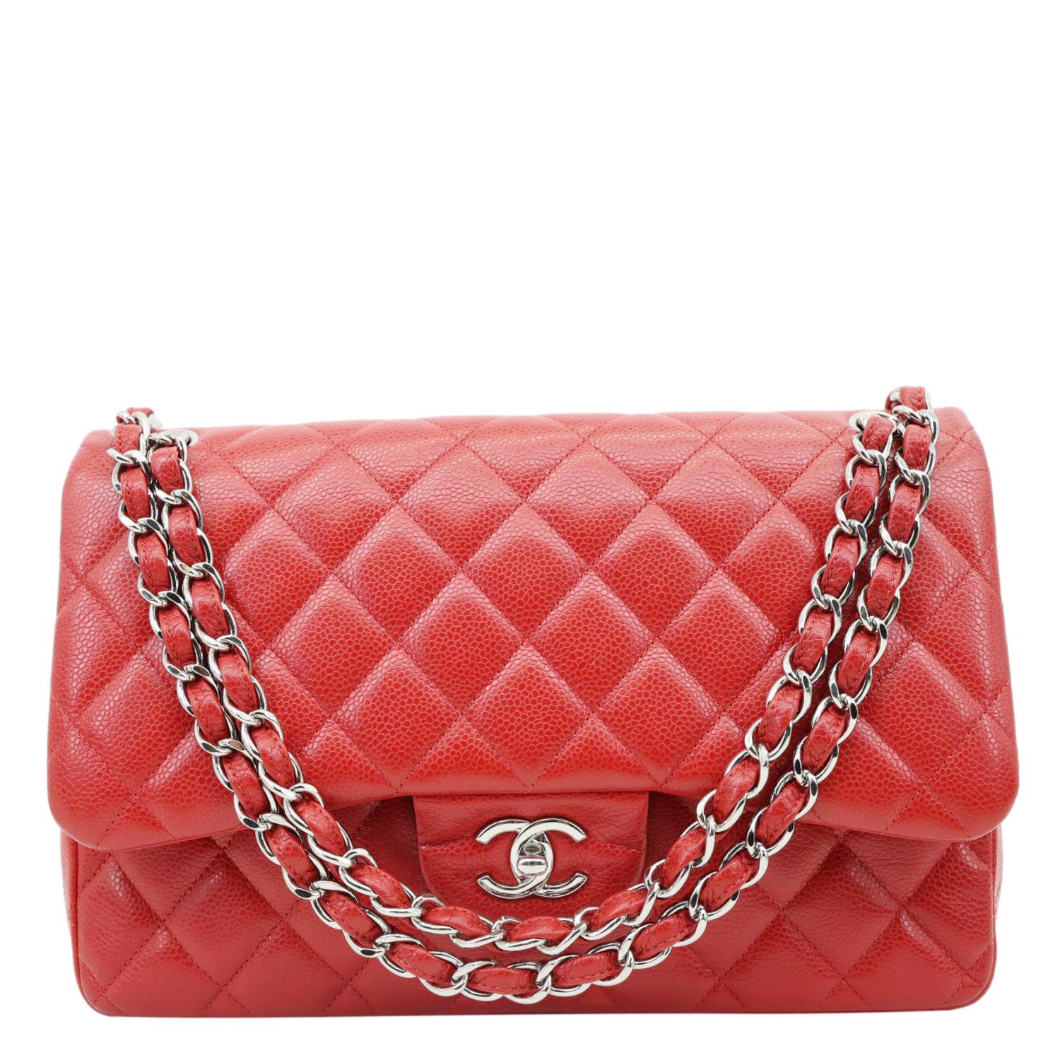 CHANEL Classic Jumbo Double Flap Quilted Caviar Leather Shoulder Bag Red
