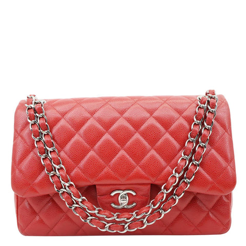 CHANEL Classic Jumbo Double Flap Quilted Caviar Leather Shoulder Bag Red