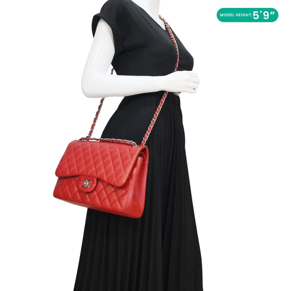 CHANEL Classic Jumbo Double Flap Quilted Caviar Leather Shoulder Bag Red