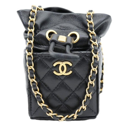 CHANEL Drawstring CC Mini Quilted Leather Bucket Crossbody Bag Black