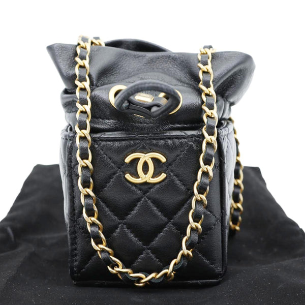 CHANEL Drawstring CC Mini Quilted Leather Bucket Crossbody Bag Black
