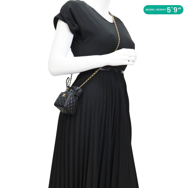 CHANEL Drawstring CC Mini Quilted Leather Bucket Crossbody Bag Black