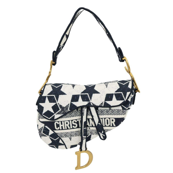 CHRISTIAN DIOR Saddle Embroidered Stars Canvas Hobo Bag White