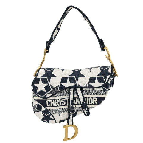 CHRISTIAN DIOR Saddle Embroidered Stars Canvas Hobo Bag White
