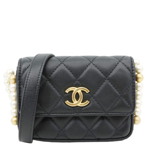 CHANEL Flap Pearls Strap Quilted Calfskin Leather Card Holder Black