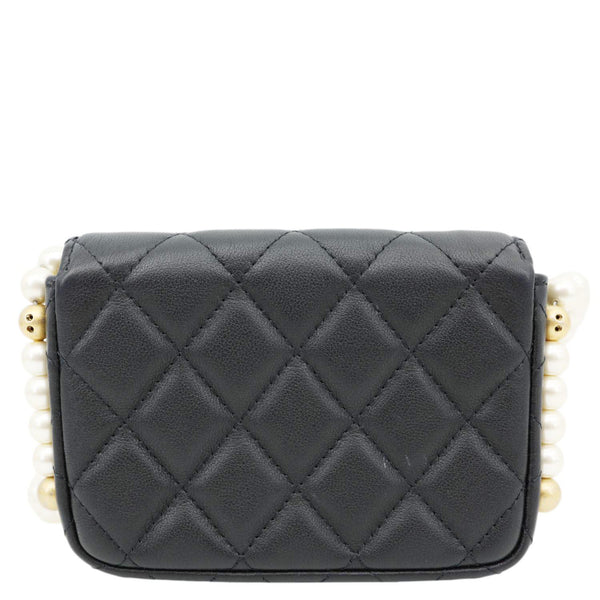 CHANEL Flap Pearls Strap Quilted Calfskin Leather Card Holder Black