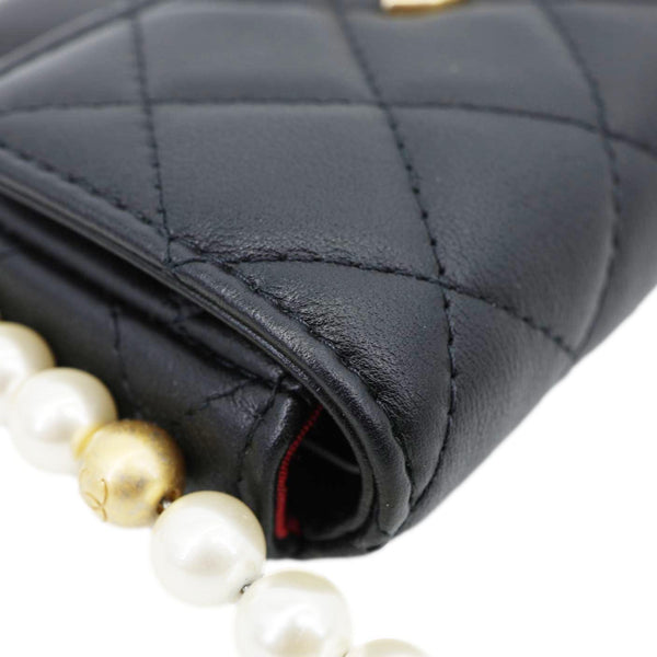 CHANEL Flap Pearls Strap Quilted Calfskin Leather Card Holder Black