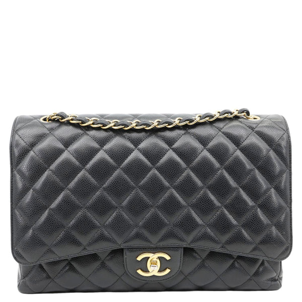 CHANEL Classic Double Flap Maxi Caviar Leather Shoulder Bag Black