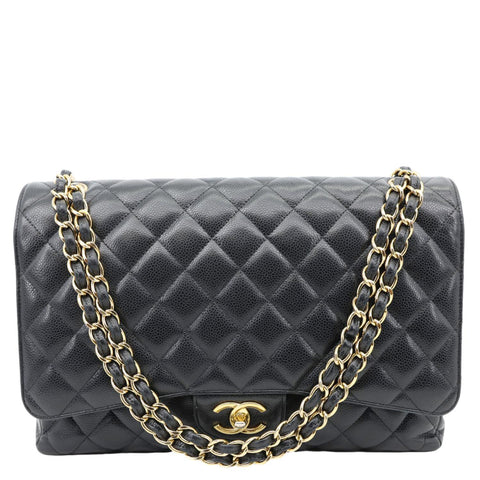 CHANEL Classic Double Flap Maxi Caviar Leather Shoulder Bag Black
