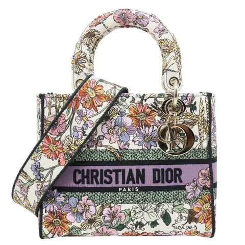 CHRISTIAN DIOR Lady D-Lite Medium Floral Embroidered Canvas Shoulder Bag Multicolor