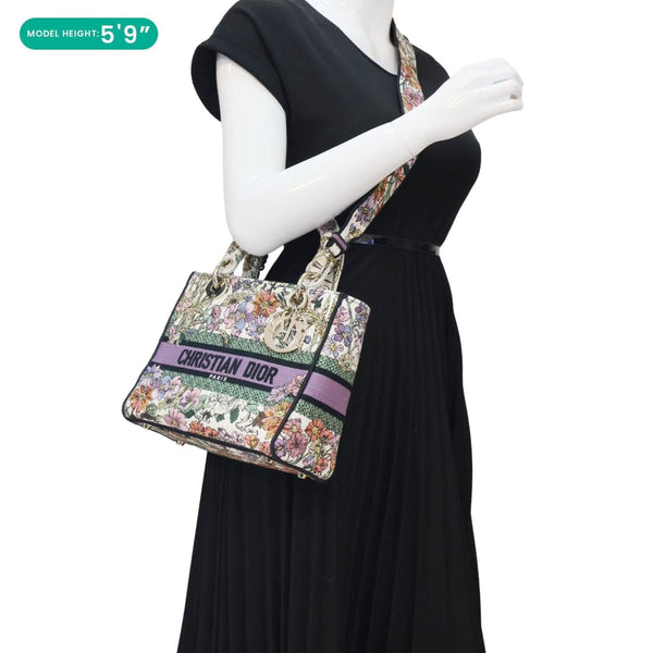 CHRISTIAN DIOR Lady D-Lite Medium Floral Embroidered Canvas Shoulder Bag Multicolor