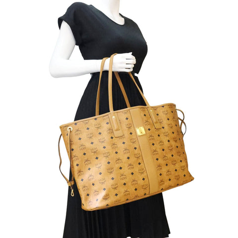 MCM Reversible Liz Large Visetos Canvas Shopper Tote Bag Cognac