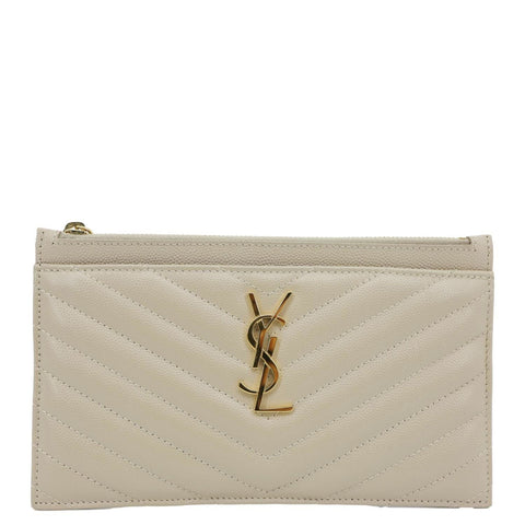 YVES SAINT LAURENT Monogram Bill Grain De Poudre Chevron Leather Zip Pouch Beige