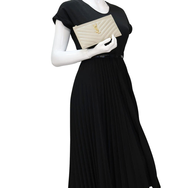 YVES SAINT LAURENT Monogram Bill Grain De Poudre Chevron Leather Zip Pouch Beige