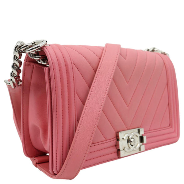 CHANEL Boy Flap Old Medium Chevron Leather Crossbody Bag Pink