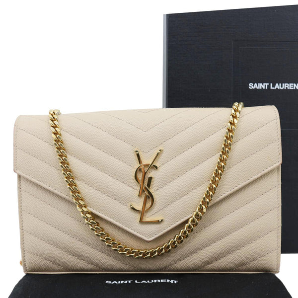 YVES SAINT LAURENT Envelope Grain De Poudre Chevron Leather Wallet On Chain Beige