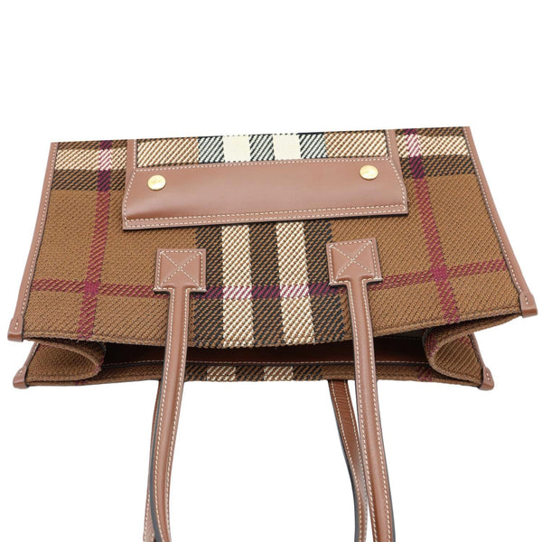 BURBERRY Freya Small Knitted Check Canvas Tote Bag Brown
