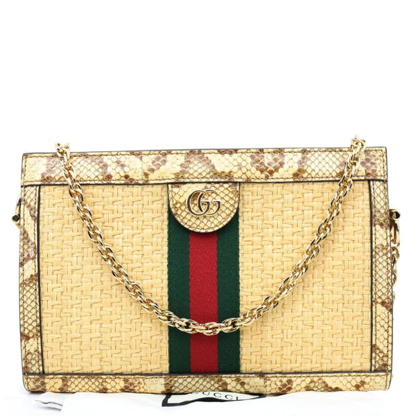 GUCCI Ophidia Small Raffia Elaphe Chain Shoulder Bag Beige 503877