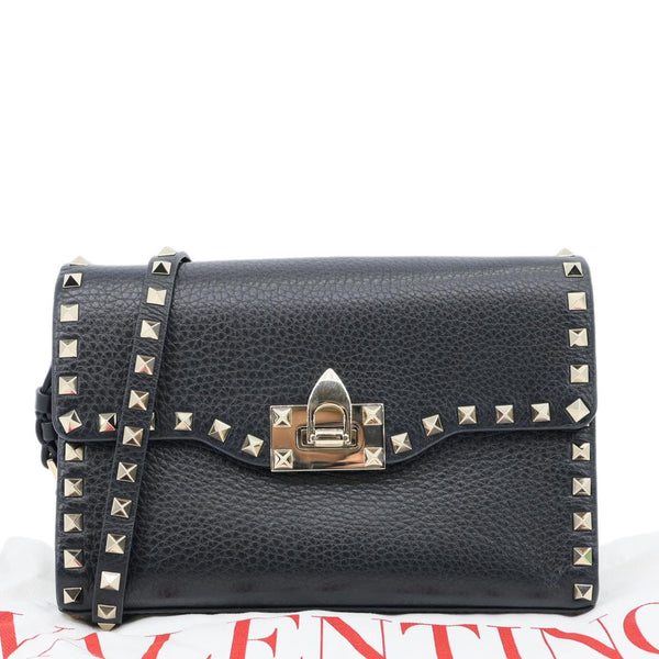 VALENTINO Rockstud Flip Lock Small Grained Calfskin Leather Crossbody Bag Black