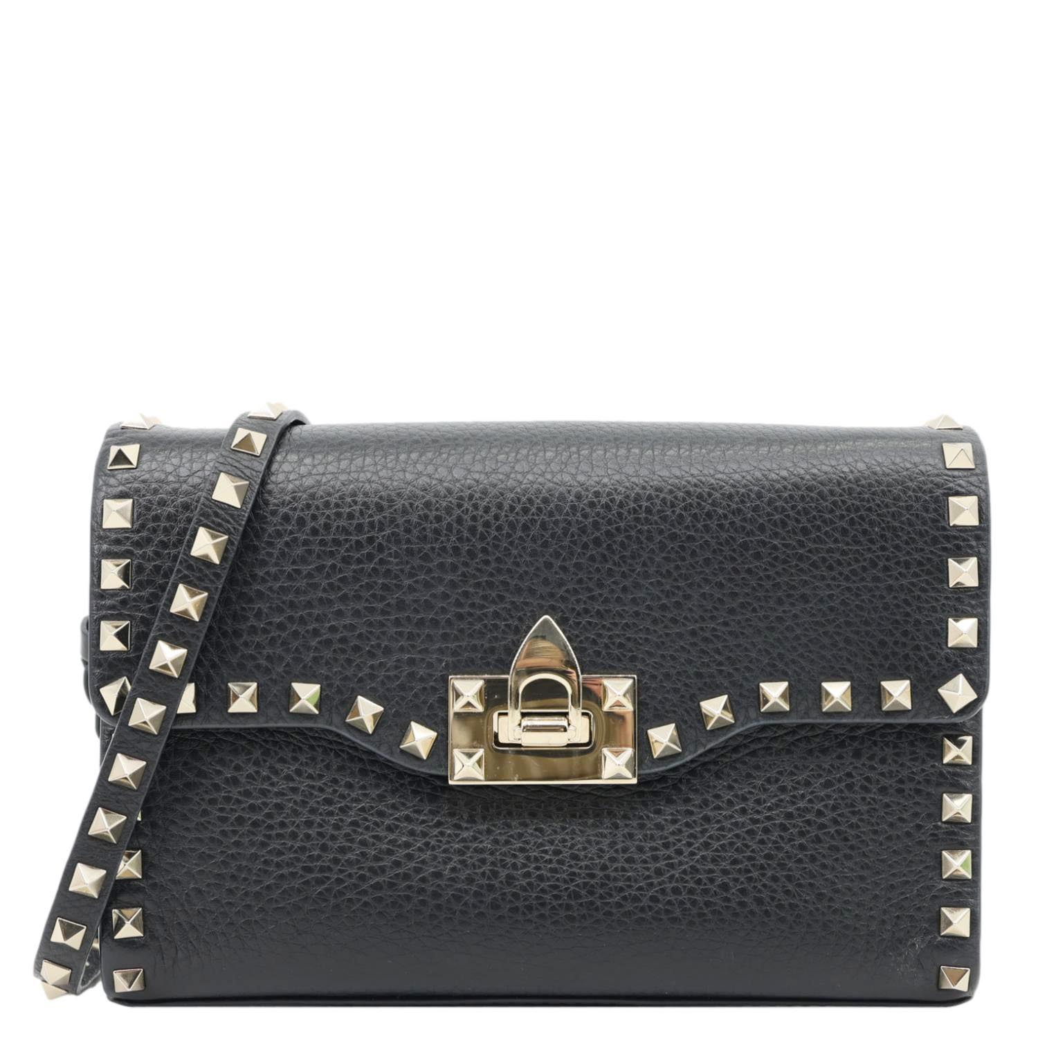 VALENTINO Rockstud Flip Lock Small Grained Calfskin Leather Crossbody Bag Black