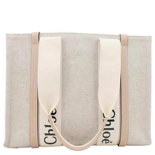 CHLOE Woody Linen Canvas Tote Bag Beige