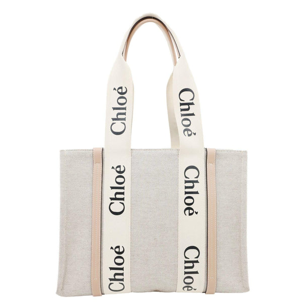 CHLOE Woody Linen Canvas Tote Bag Beige