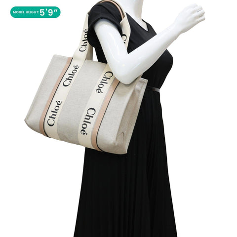 CHLOE Woody Linen Canvas Tote Bag Beige