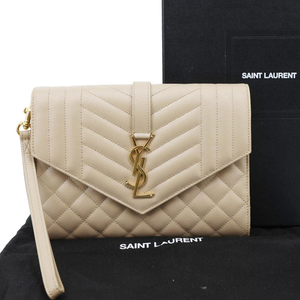 YVES SAINT LAURENT Monogram Envelope Grain De Poudre Leather Clutch Beige