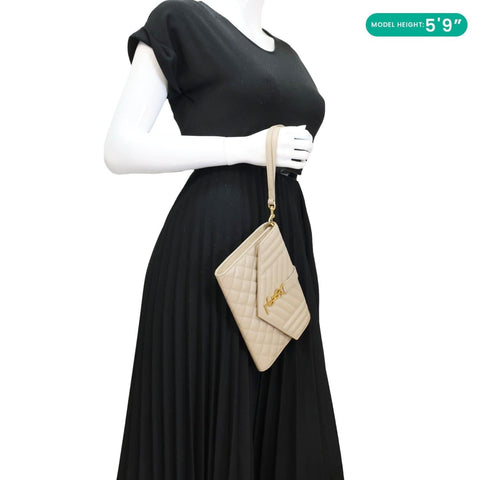 YVES SAINT LAURENT Monogram Envelope Grain De Poudre Leather Clutch Beige